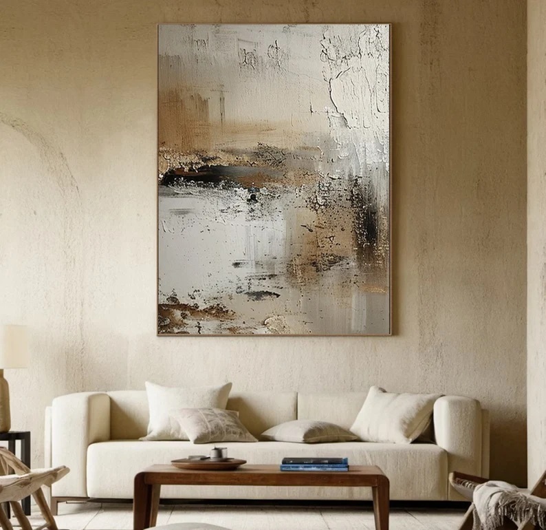 Textured Beige Abstract Painting 3D Wabi-Sabi Canvas Art #AB0005