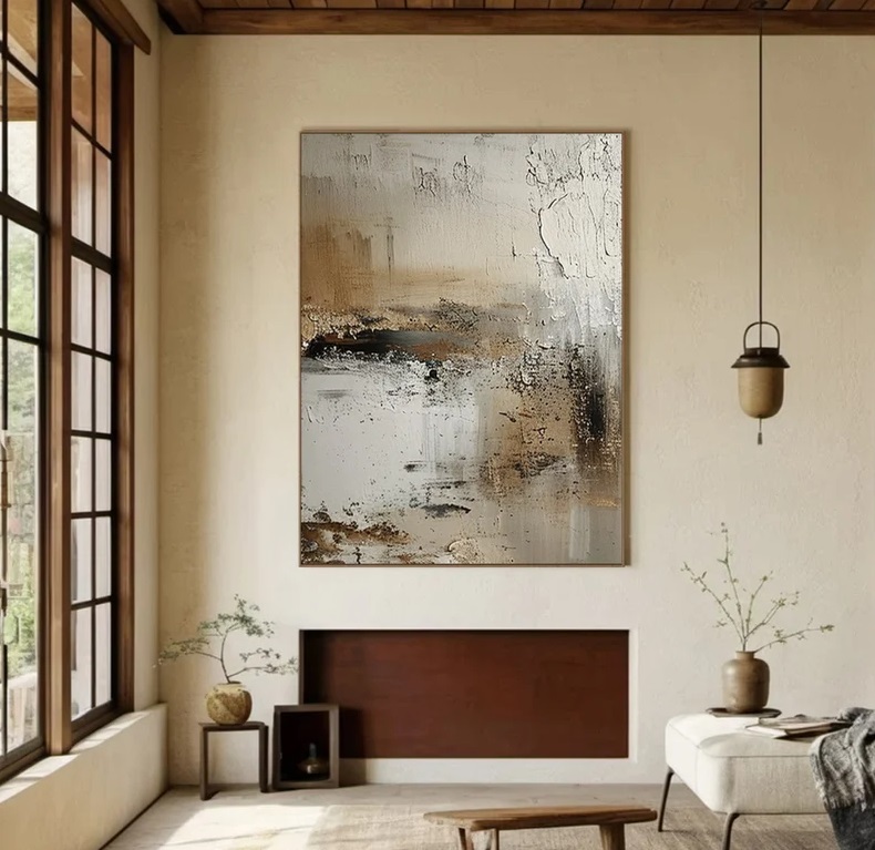 Large Beige Abstract Painting,Canvas Art #AB0005