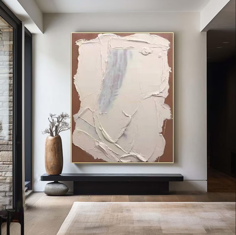 Large Abstract Beige Brown Oil Painting 3D Textured Acrylic Minimalist Art #AB0007