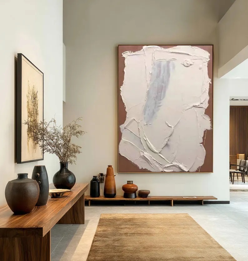 Large Abstract Beige Brown Oil Painting 3D Textured Acrylic Minimalist Art #AB0007