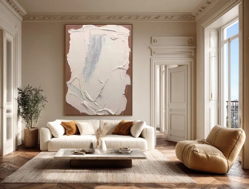 Large Abstract Beige Brown Oil Painting 3D Textured Acrylic Minimalist Art #AB0007