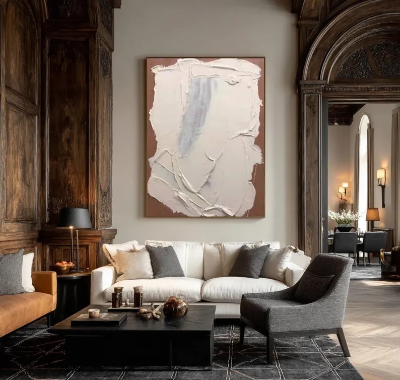 Large Abstract Beige Brown Oil Painting 3D Textured Acrylic Minimalist Art #AB0007
