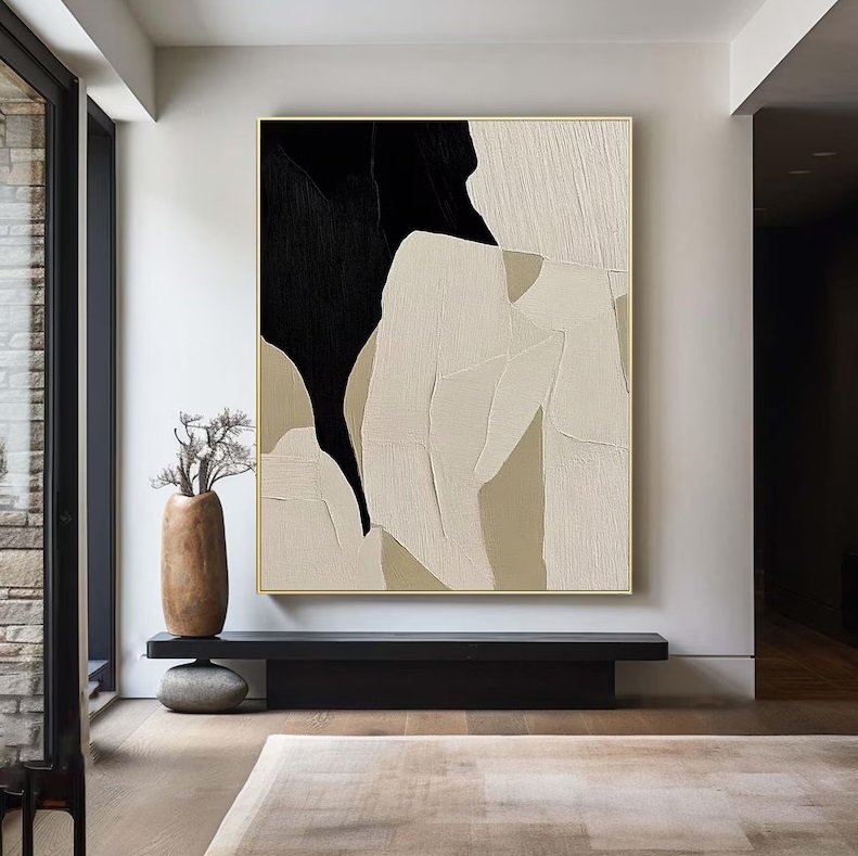 Large Abstract Textured Canvas Art Black and Beige Wabi Sabi Painting #ABS14