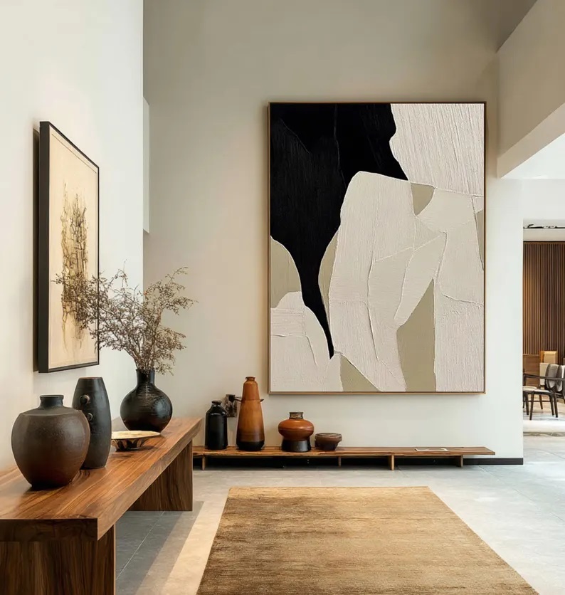 Large Abstract Textured Canvas Art Black and Beige Wabi Sabi Painting #ABS14
