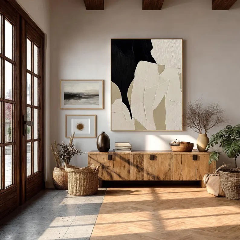 Large Abstract Textured Canvas Art Black and Beige Wabi Sabi Painting #ABS14