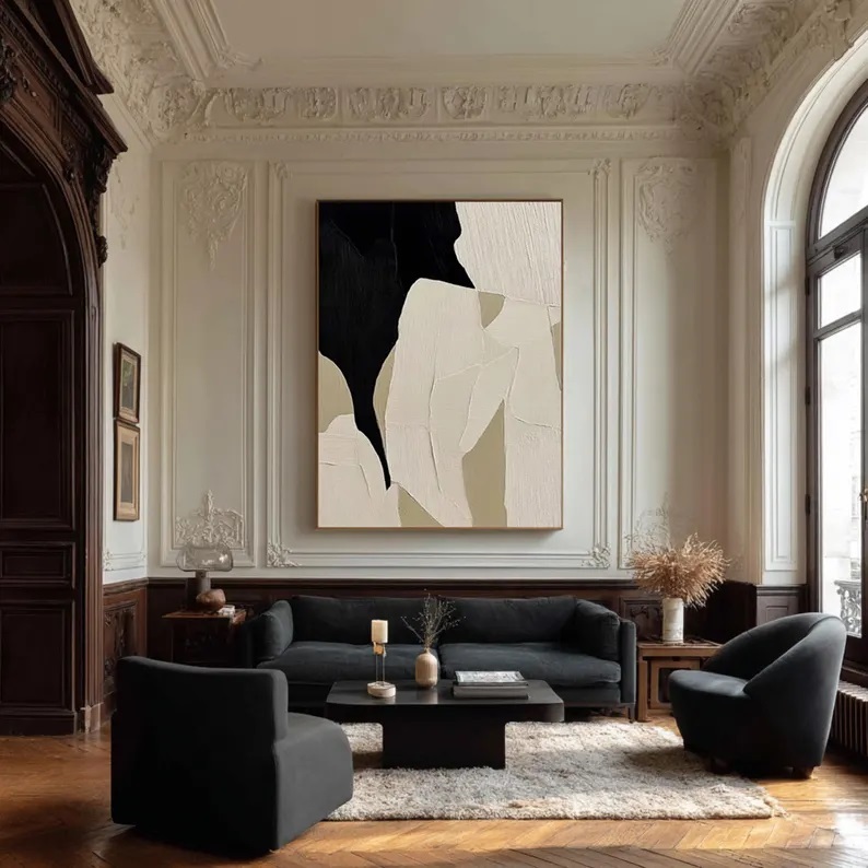 Large Abstract Textured Canvas Art Black and Beige Wabi Sabi Painting #ABS14