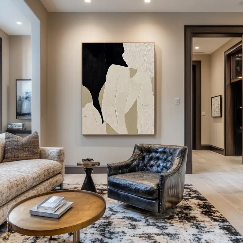 Large Abstract Textured Canvas Art Black and Beige Wabi Sabi Painting #ABS14