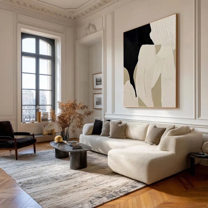 Large Abstract Textured Canvas Art Black and Beige Wabi Sabi Painting #ABS14
