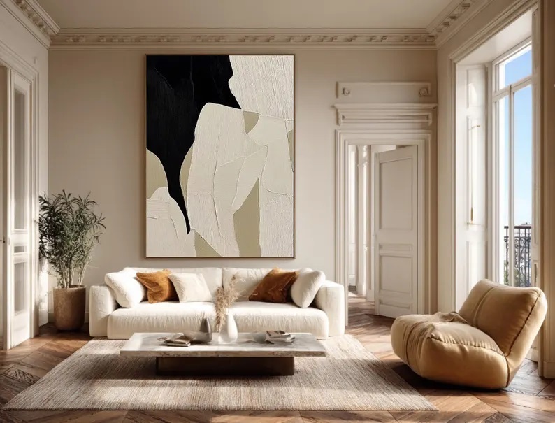 Large Abstract Textured Canvas Art Black and Beige Wabi Sabi Painting #ABS14