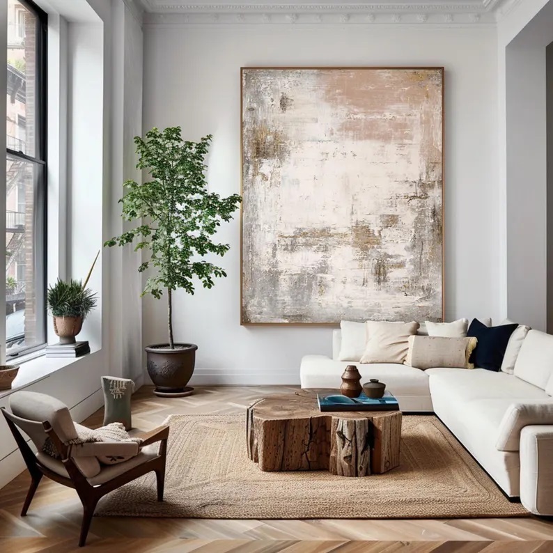 Abstract Neutral Tone Oil Painting Beige Grey Canvas Art #ABST19