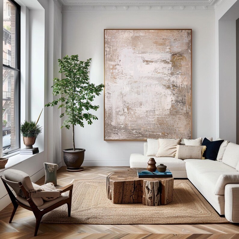 Abstract Textured Canvas Painting Beige Grey Wabi Sabi Earth Tones #ABST20