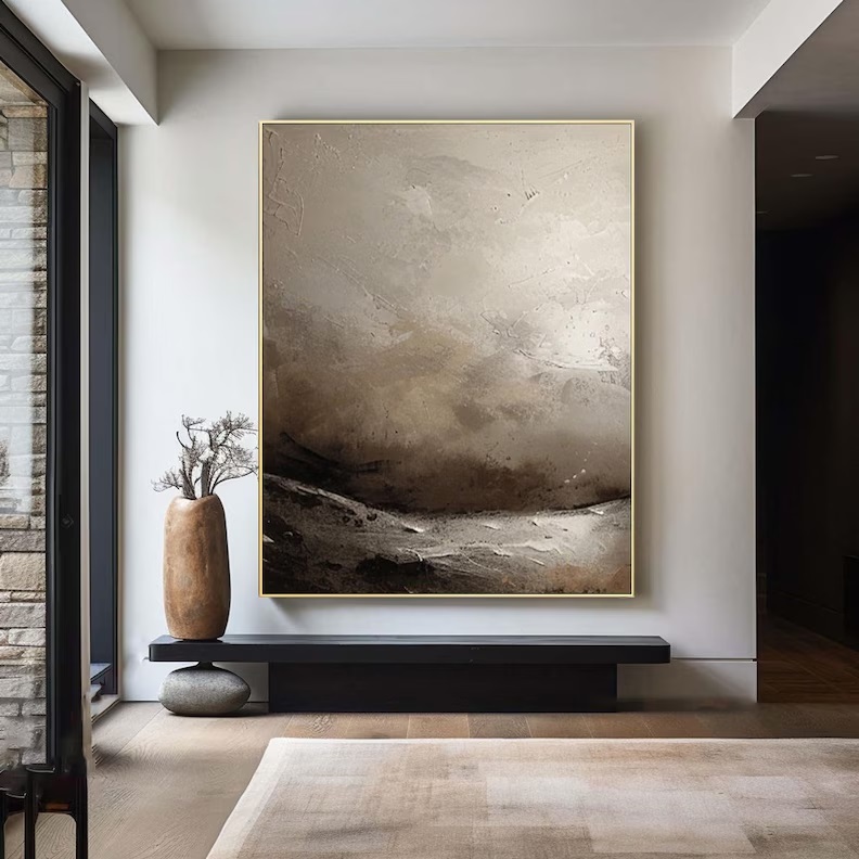 Beige & Gray Textured Abstract Painting on Canvas 3D Minimalist Wall Art #ABST25