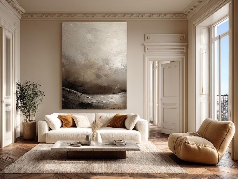 Beige & Gray Textured Abstract Painting on Canvas 3D Minimalist Wall Art #ABST25