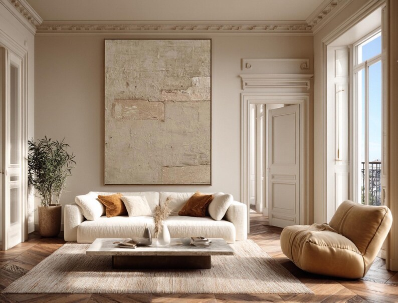 Large Beige Abstract Oil Painting Textured Minimalist Wabi Sabi Wall Art #ABST28