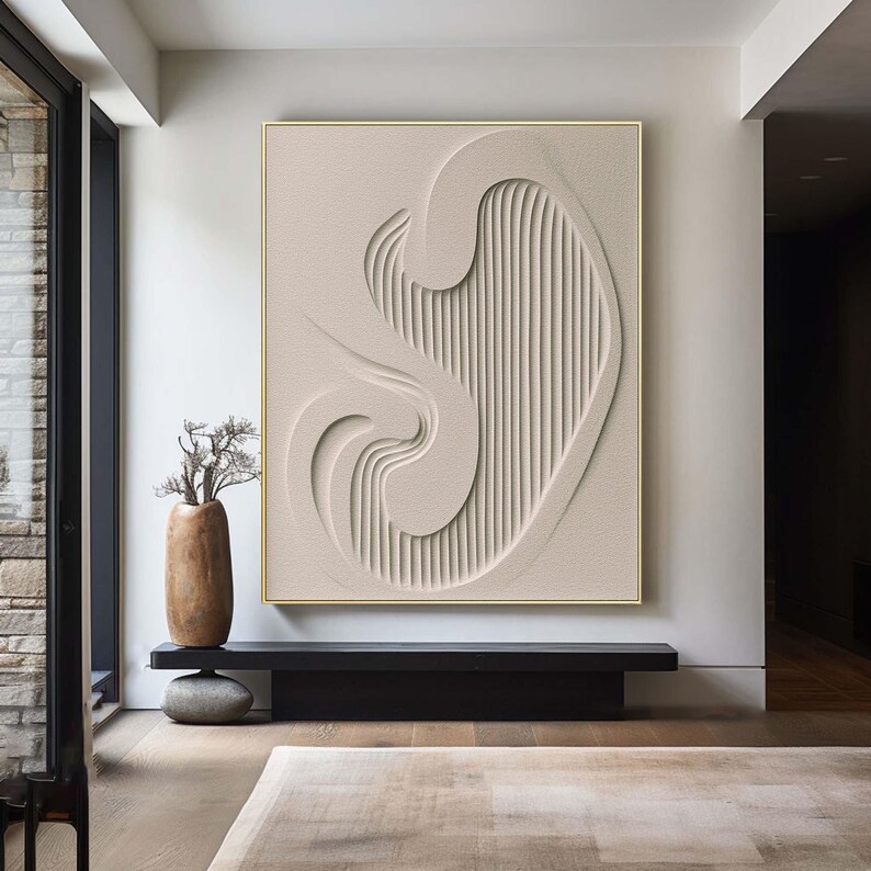 Beige Abstract Line Painting Textured Wabi-Sabi Canvas Art #ABST45