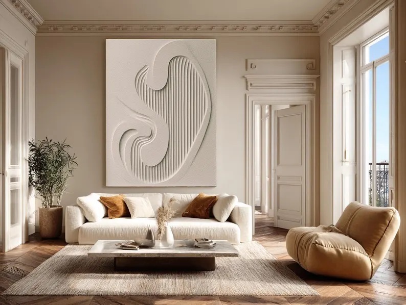 Beige Abstract Line Painting Textured Wabi-Sabi Canvas Art #ABST45