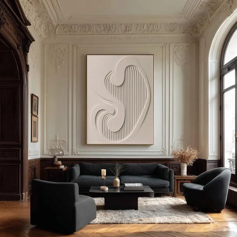 Beige Abstract Line Painting Textured Wabi-Sabi Canvas Art #ABST45