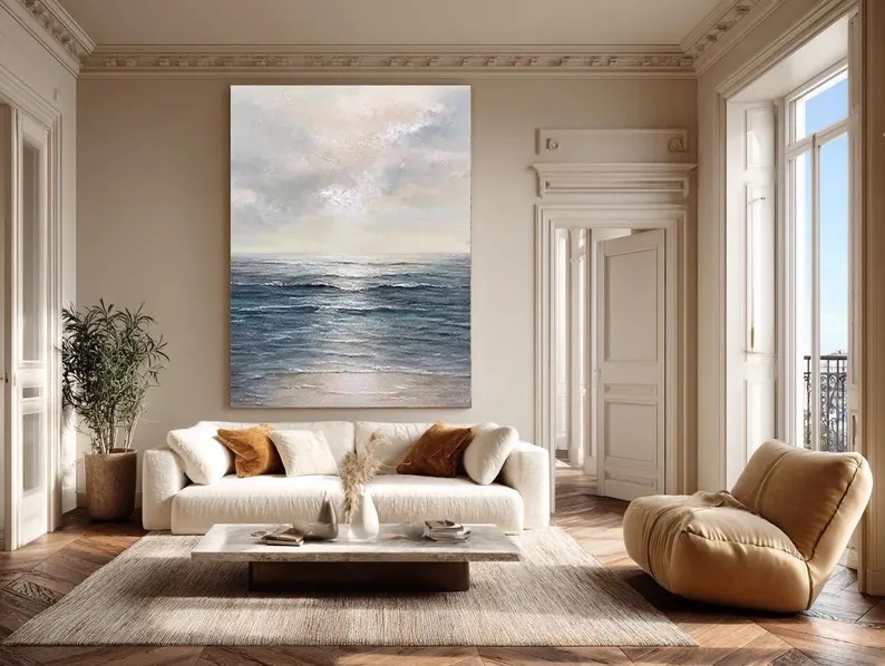 Large Abstract Seascape Painting Coastal Ocean Canvas Art #ABST49