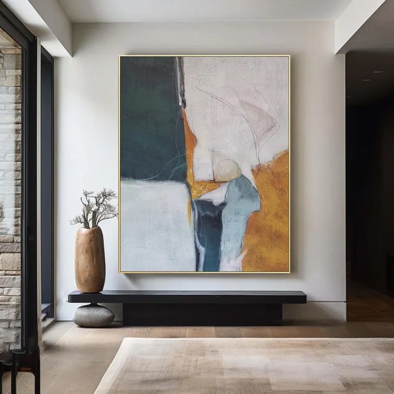 Beige Blue Textured Abstract Painting #ABST187