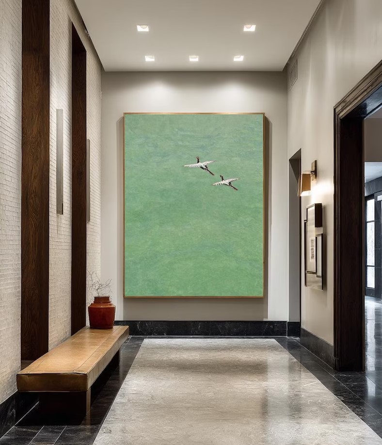 Green Wabi-Sabi Crane Painting #ABST170