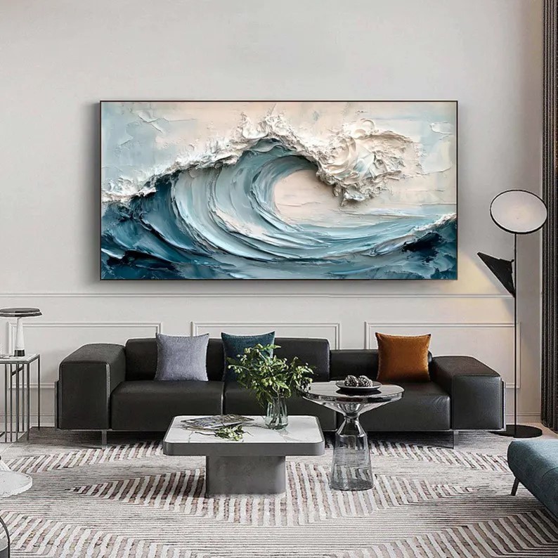 Textured Blue and White Wave Painting #ABST82