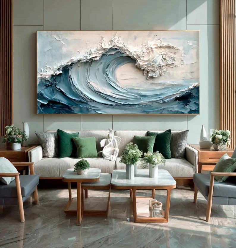 Textured Blue and White Wave Painting #ABST82