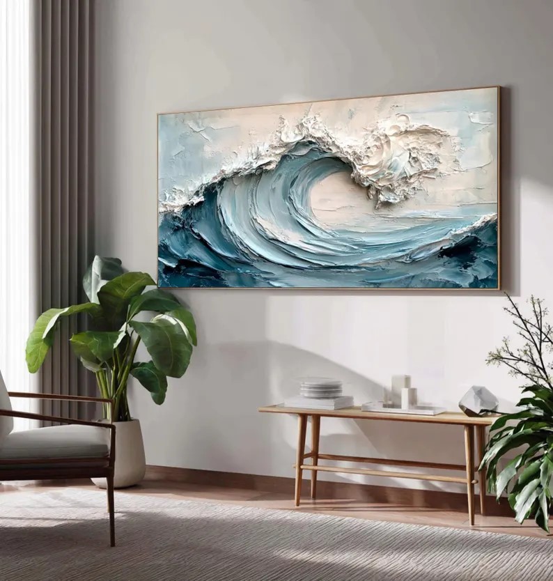 Textured Blue and White Wave Painting #ABST82