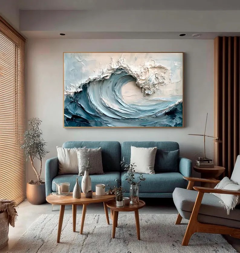 Textured Blue and White Wave Painting #ABST82