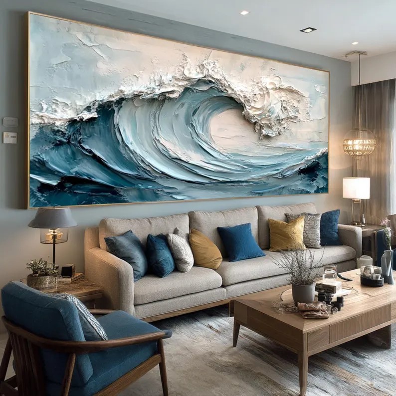 Textured Blue and White Wave Painting #ABST82