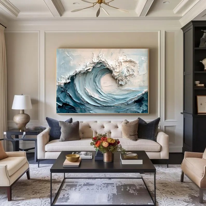 Textured Blue and White Wave Painting #ABST82