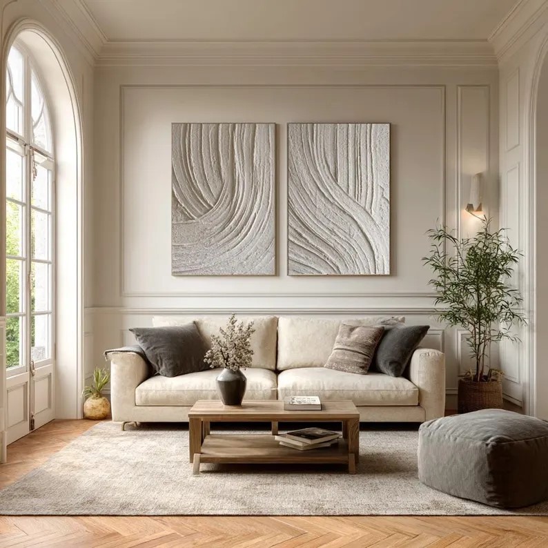 Beige Abstract Waves Painting ( 2 Paintings ) #ABST198