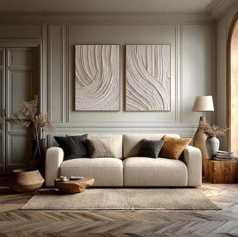 Beige Abstract Waves Painting ( 2 Paintings ) #ABST198