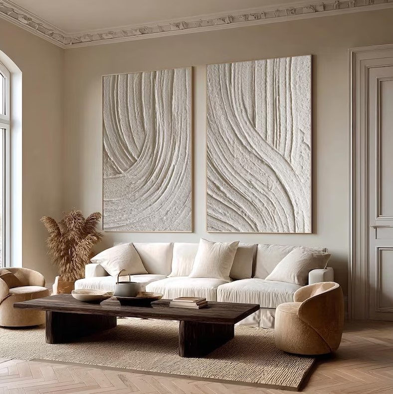 Beige Abstract Waves Painting ( 2 Paintings ) #ABST198