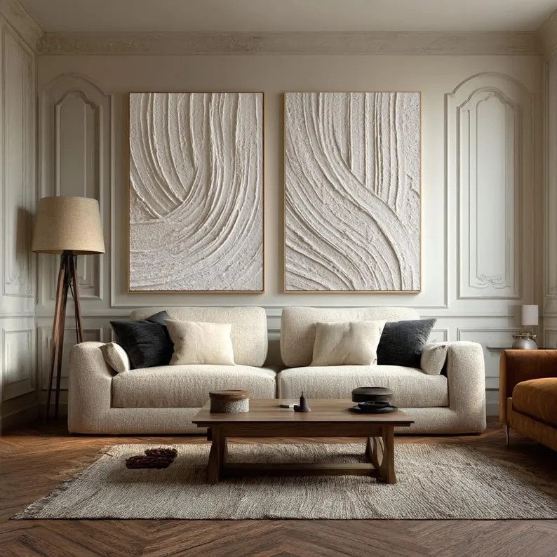 Beige Abstract Waves Painting ( 2 Paintings ) #ABST198