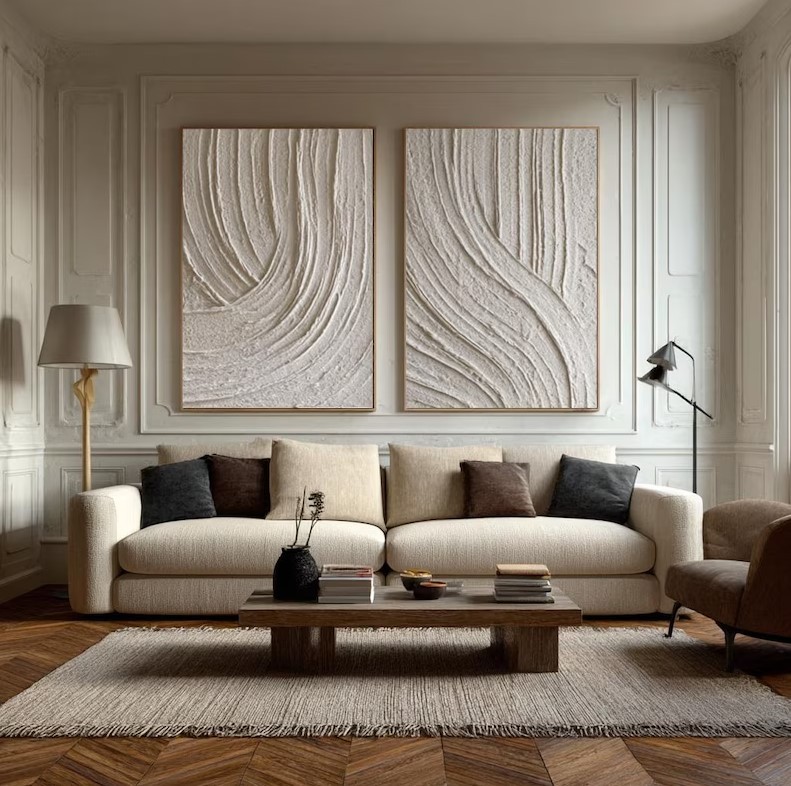 Beige Abstract Waves Painting ( 2 Paintings ) #ABST198
