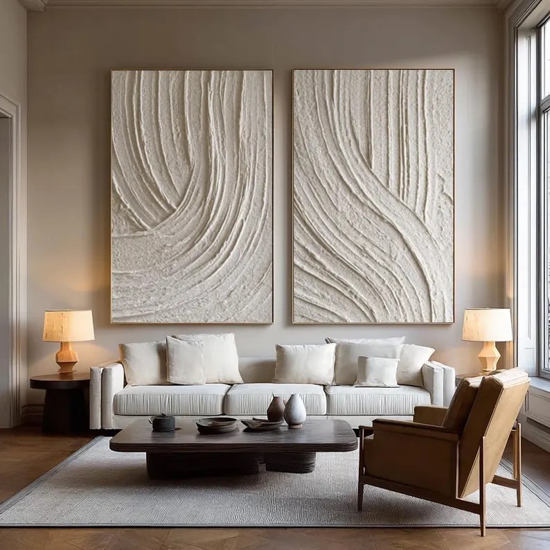 Beige Abstract Waves Painting ( 2 Paintings ) #ABST198