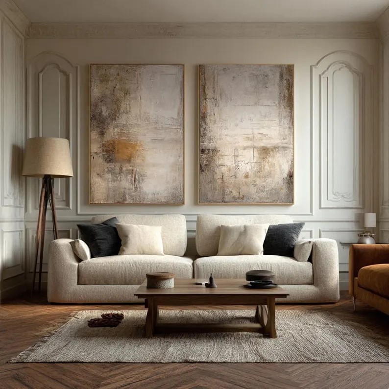 Beige Wabi Sabi Canvas Art ( 2 Paintings ) #ABST199