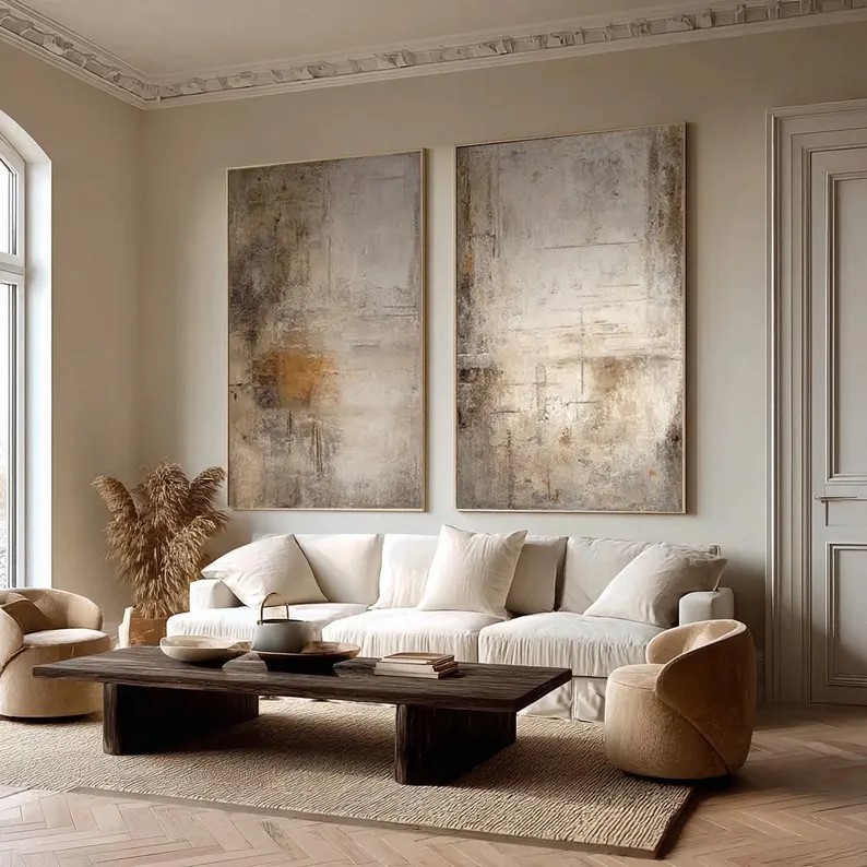 Beige Wabi Sabi Canvas Art ( 2 Paintings ) #ABST199
