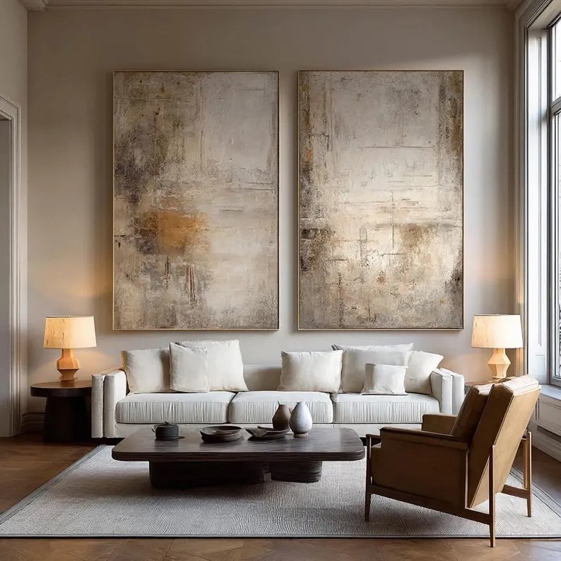 Beige Wabi Sabi Canvas Art ( 2 Paintings ) #ABST199