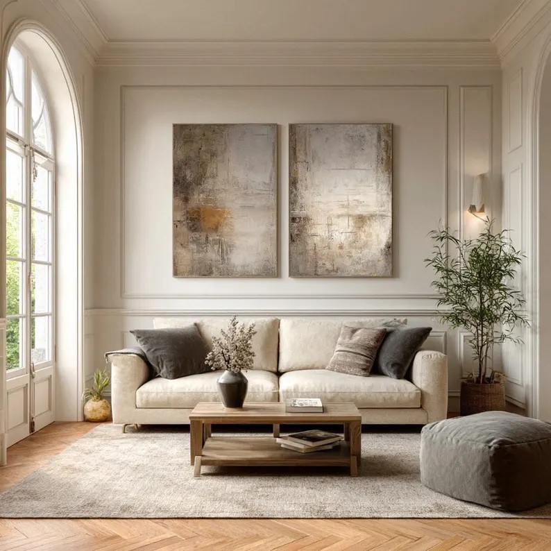 Beige Wabi Sabi Canvas Art ( 2 Paintings ) #ABST199
