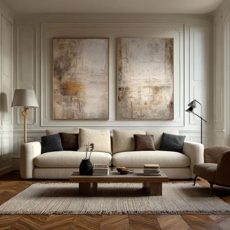 Beige Wabi Sabi Canvas Art ( 2 Paintings ) #ABST199