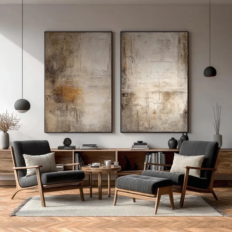 Beige Wabi Sabi Canvas Art ( 2 Paintings ) #ABST199