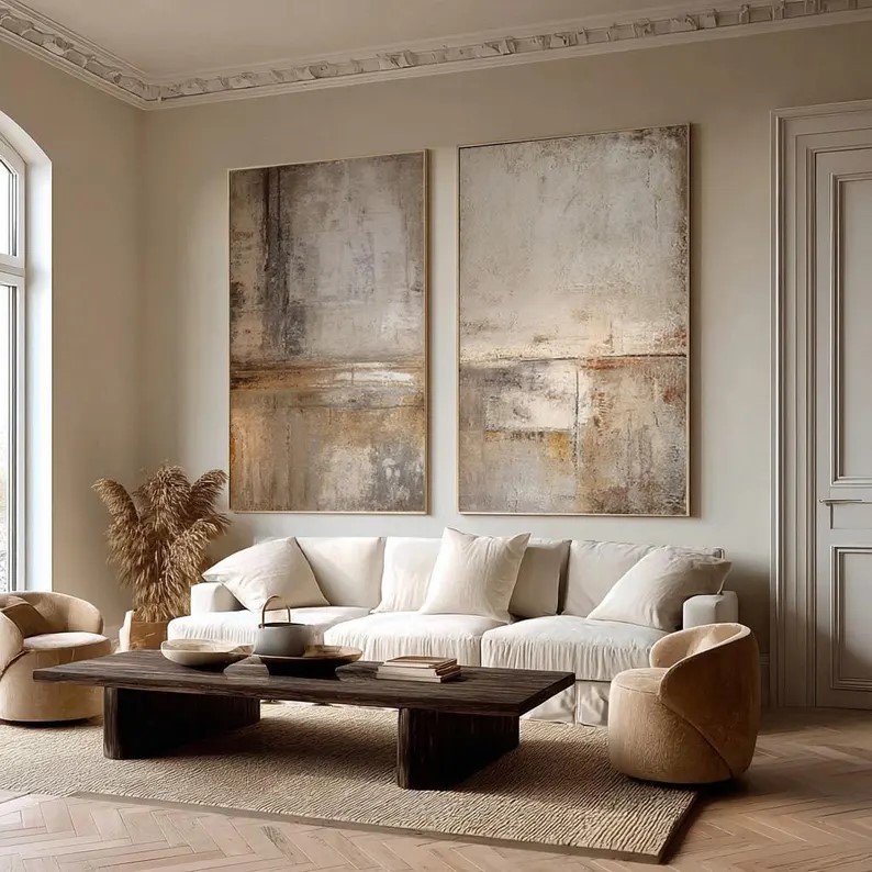 Minimalist Beige Brown Painting ( 2 Paintings ) #ABST203
