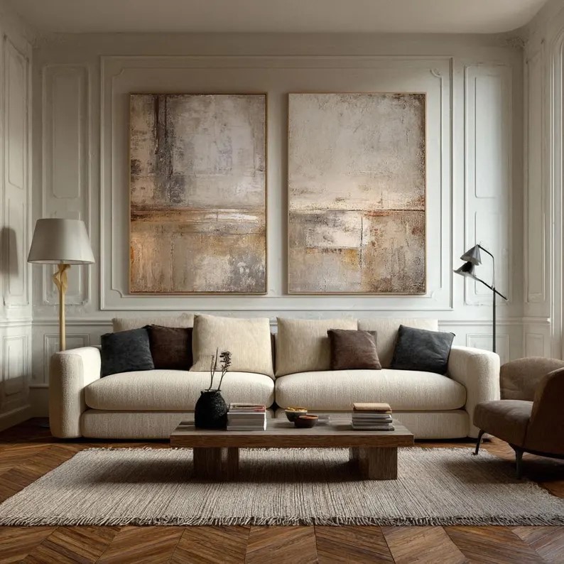Minimalist Beige Brown Painting ( 2 Paintings ) #ABST203