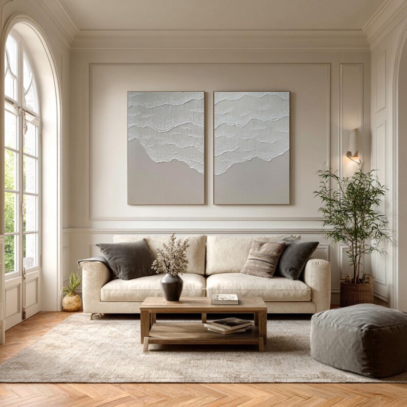 Beige Ocean Wave Painting ( 2 Paintings ) #ABST210