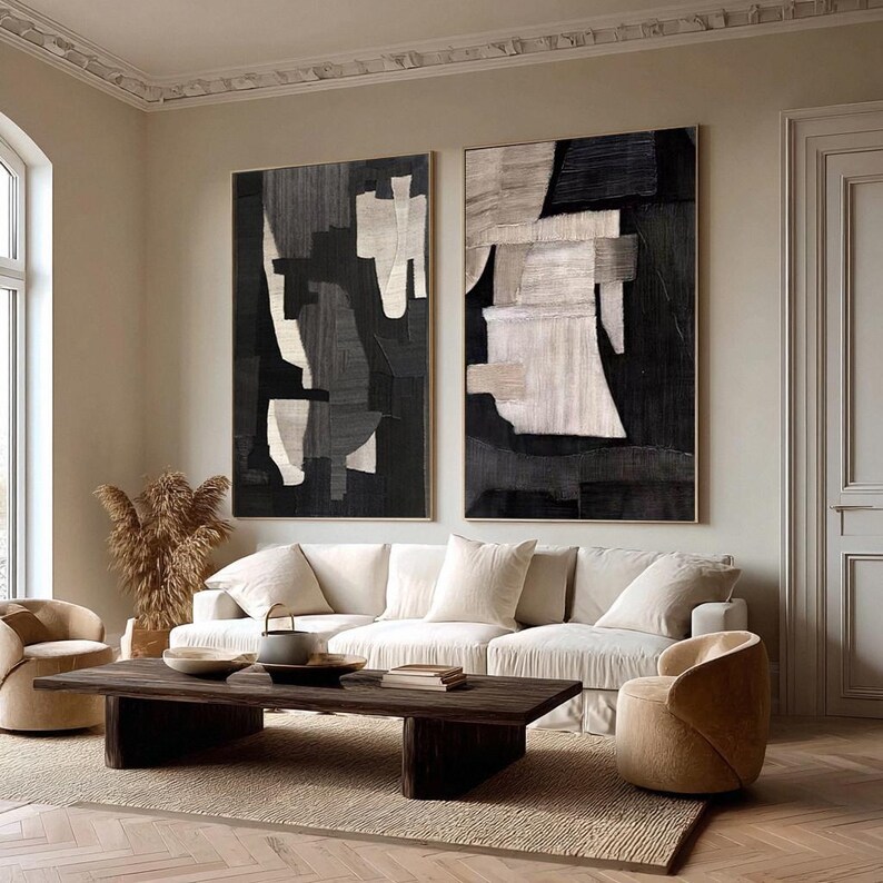 Black Wabi Sabi Canvas Art ( 2 Paintings ) #ABST214