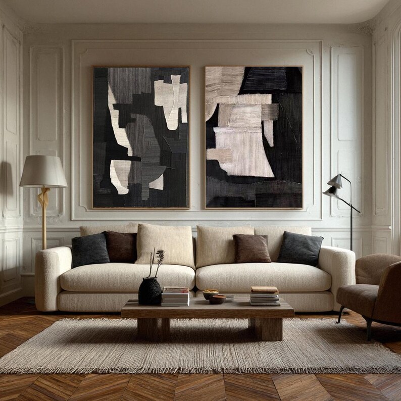 Black Wabi Sabi Canvas Art ( 2 Paintings ) #ABST214