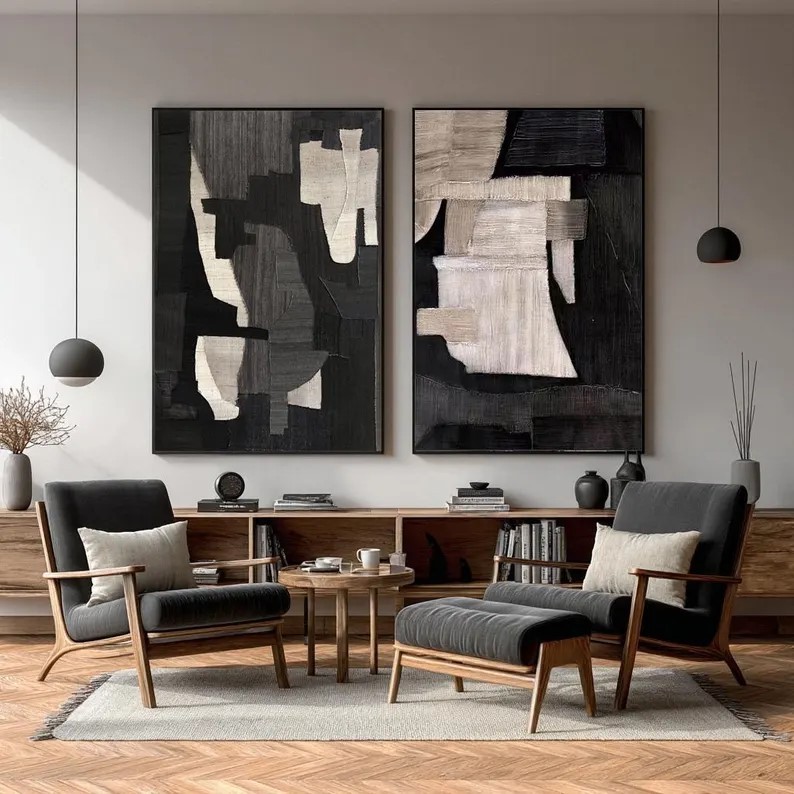 Black Wabi Sabi Canvas Art ( 2 Paintings ) #ABST214