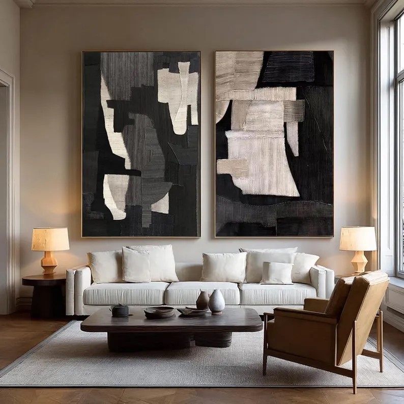 Black Wabi Sabi Canvas Art ( 2 Paintings ) #ABST214