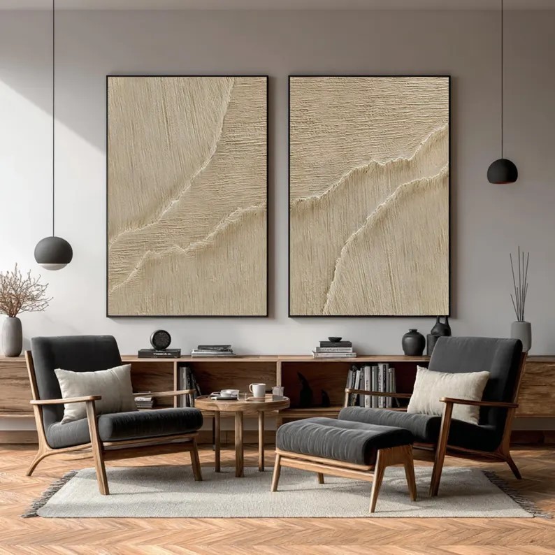 Beige 3D Wave Abstract Painting ( 2 Paintings ) #ABST220